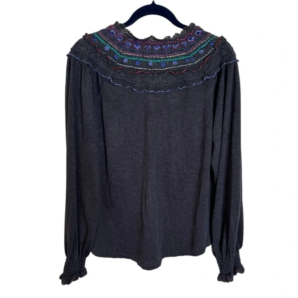 Free People Siesta‎ Fiesta Long Sleeve Boho Y2K Embroidered Top Size Small